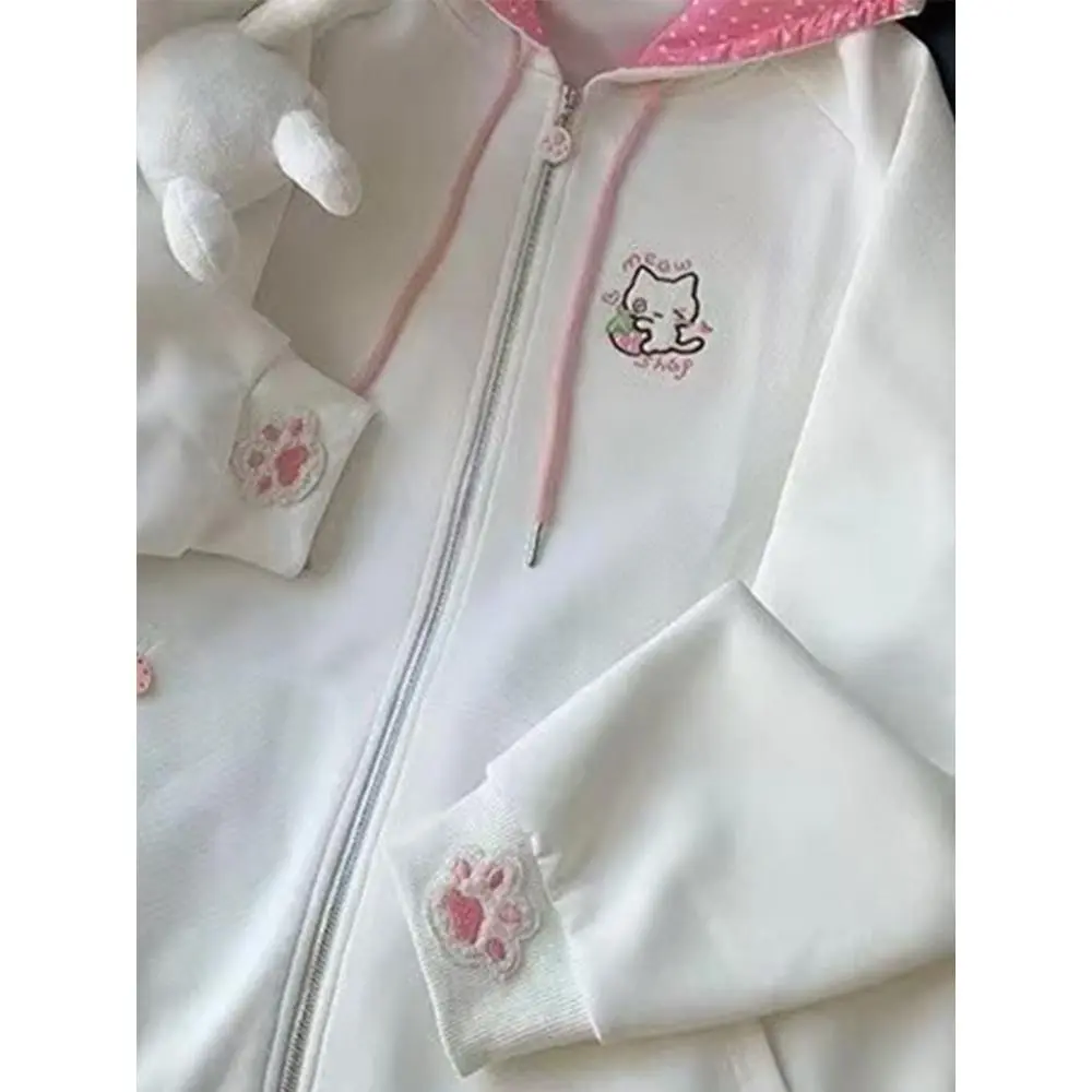 Japanese Kawaii Long Sleeve Hoodie Cat Embroidery Cartoon Print Women Casual Sweatshirt Patchwork Zipper 2025 Autumn