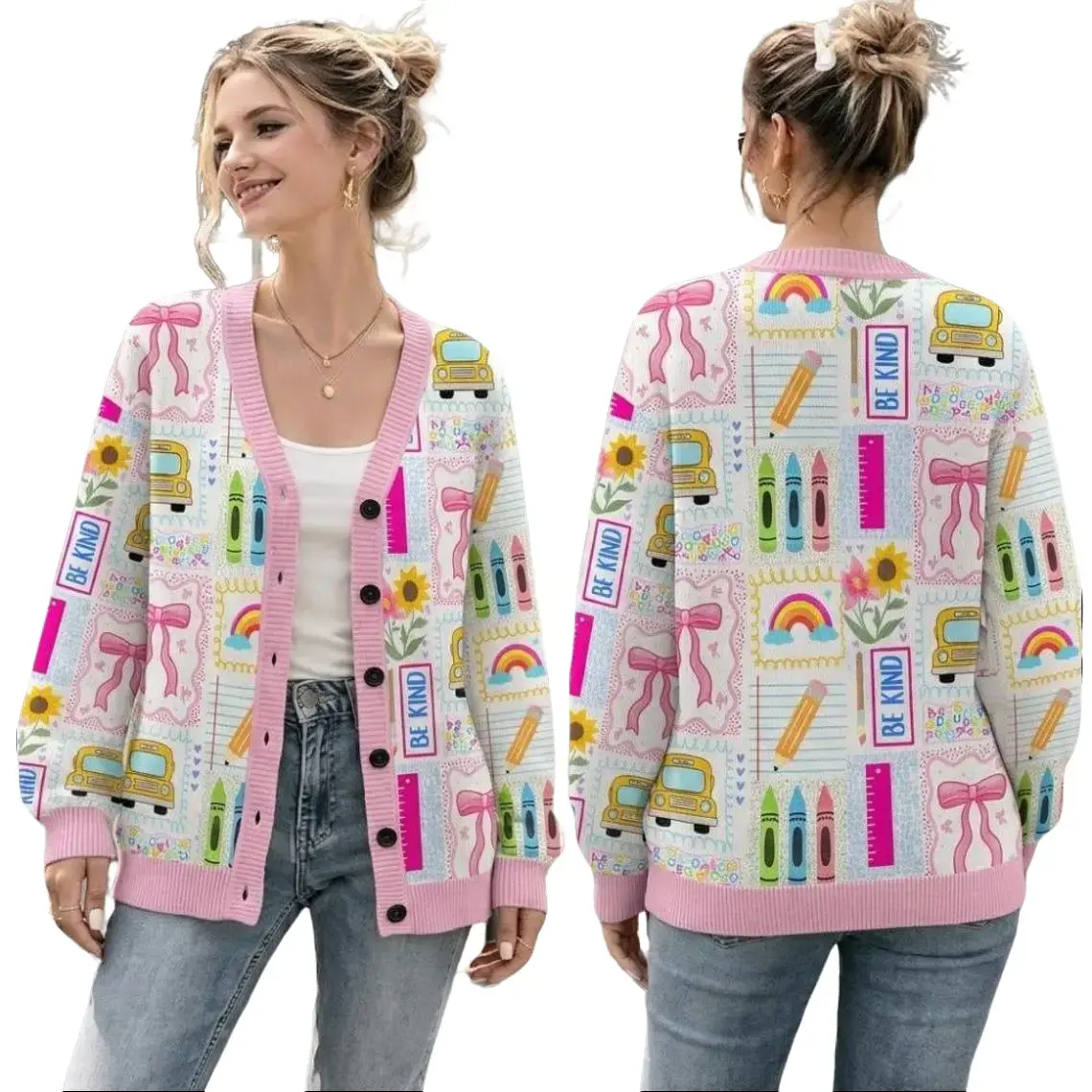 Be Kind Teacher Cardigan, School Bus Coquette Bow Jacket, Back To School Sweater, Rainbow And School Bus Knitwear, Preschool Teacher Outfit