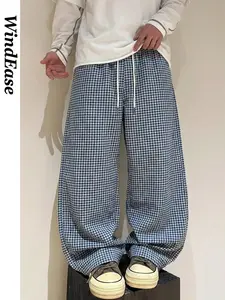 Japanese Lazy Style Blue Plaid Wide Leg Pants, Unisex Loose Fit Ankle Length, Drawstring Waist, Casual Spring & Fall Trousers