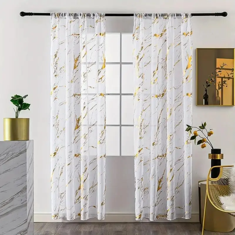 2 Panels Golden Marble Print Curtains Rod Pocket Top Sheer Curtain for Living Room Bedroom Office Home Decor