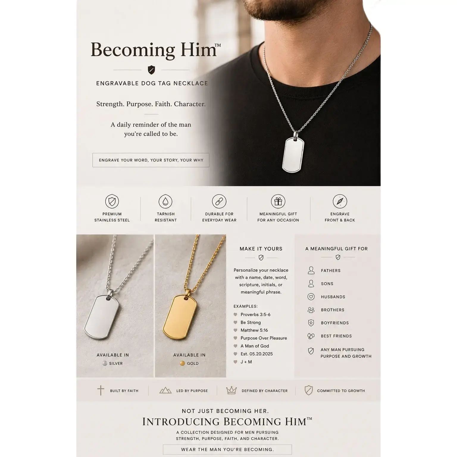 Becoming Him Engravable Dog Tag Necklace