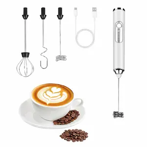 Milk Frother Handheld Rechargeable, Coffee Frother Wand with 3 Detachable Stainless Steel Whisk Heads, Hand Electric Mixer for Latte, Matcha, Cappuccino, Protein (White)