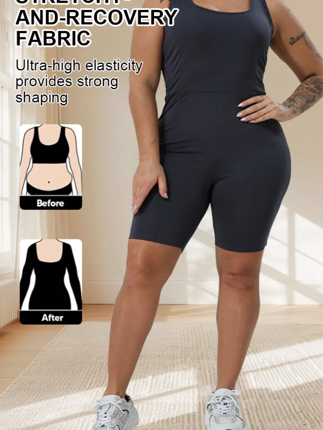 Women's Plus Size U-Neck Four-Piece Pants Vest Romper, Summer Casual Style, Ideal for Daily Wear and Sports Events, Summer Sports Jumpsuits, Workout Jumpsuit, Breathable Jumpsuit, Athletic Romper