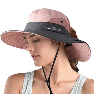Women's Ponytail Safari Sun Hat,Wide Brim UV Protection Outdoor Bucket Hat,Foldable Beach Summer Fishing Hat