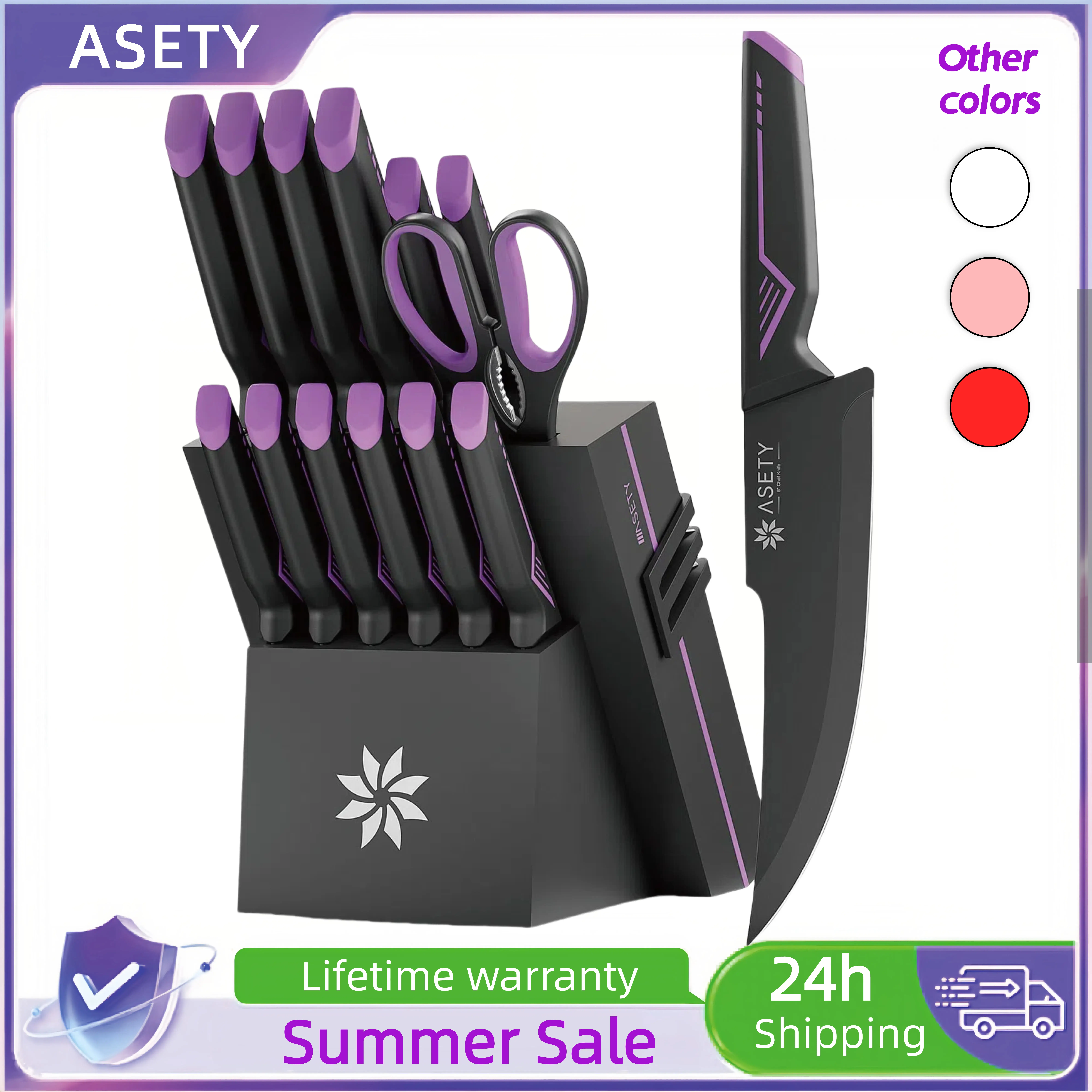 ASETY 15PCS Cyberpunk Knife Set from Future Kitchen Knife Set with Built-in Knife Sharpener Block, Stainless Steel Knife Block Set, Dishwasher Safe Mo