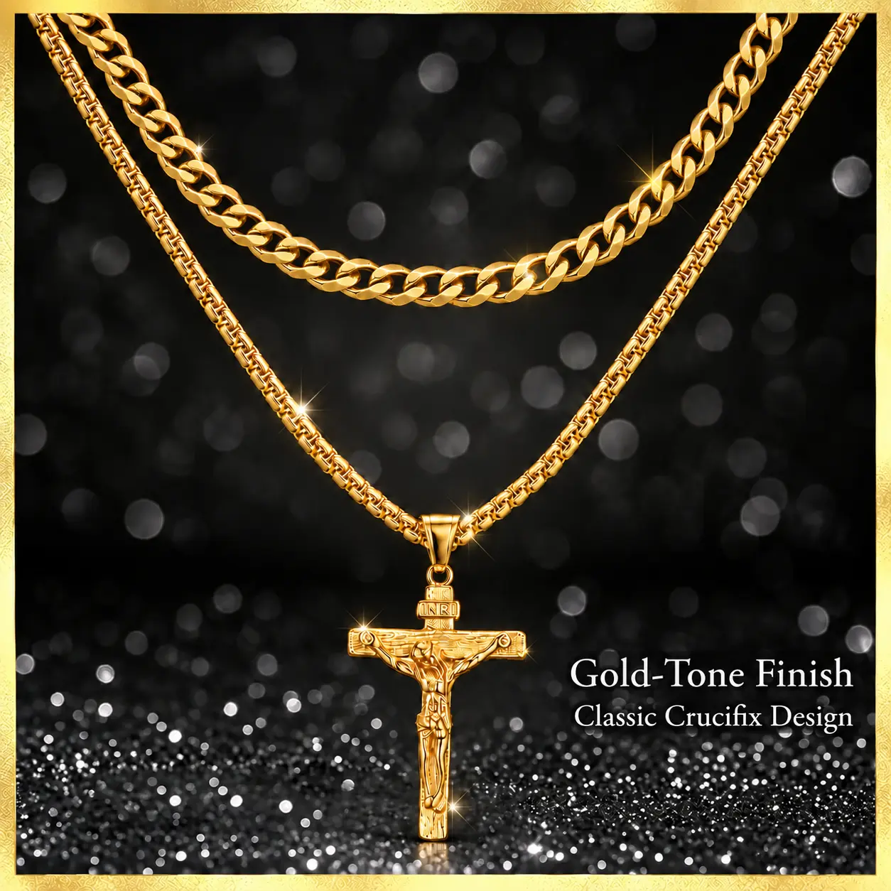 14K Gold Layered Necklace Set for Men, Cuban Link Chain with Jesus Crucifix Pendant, INRI Gold Tone Cross Necklace, Statement Religious Jewelry Gift for Him