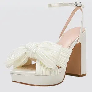 Women's Elegant Pleated Bow Knot Platform Sandals - Open Toe Chunky Block Heel, Ankle Buckle Strap, Faux Cover, Perfect for Bridal & Wedding Occasions, Wedding Shoes for Bride