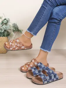 New Retro Plaid Edge Double Buckle Thick Sole Sandals, Women's Outdoor Single Strap Slippers, Check Pattern Casual Shoes, Summer Beach Footwear