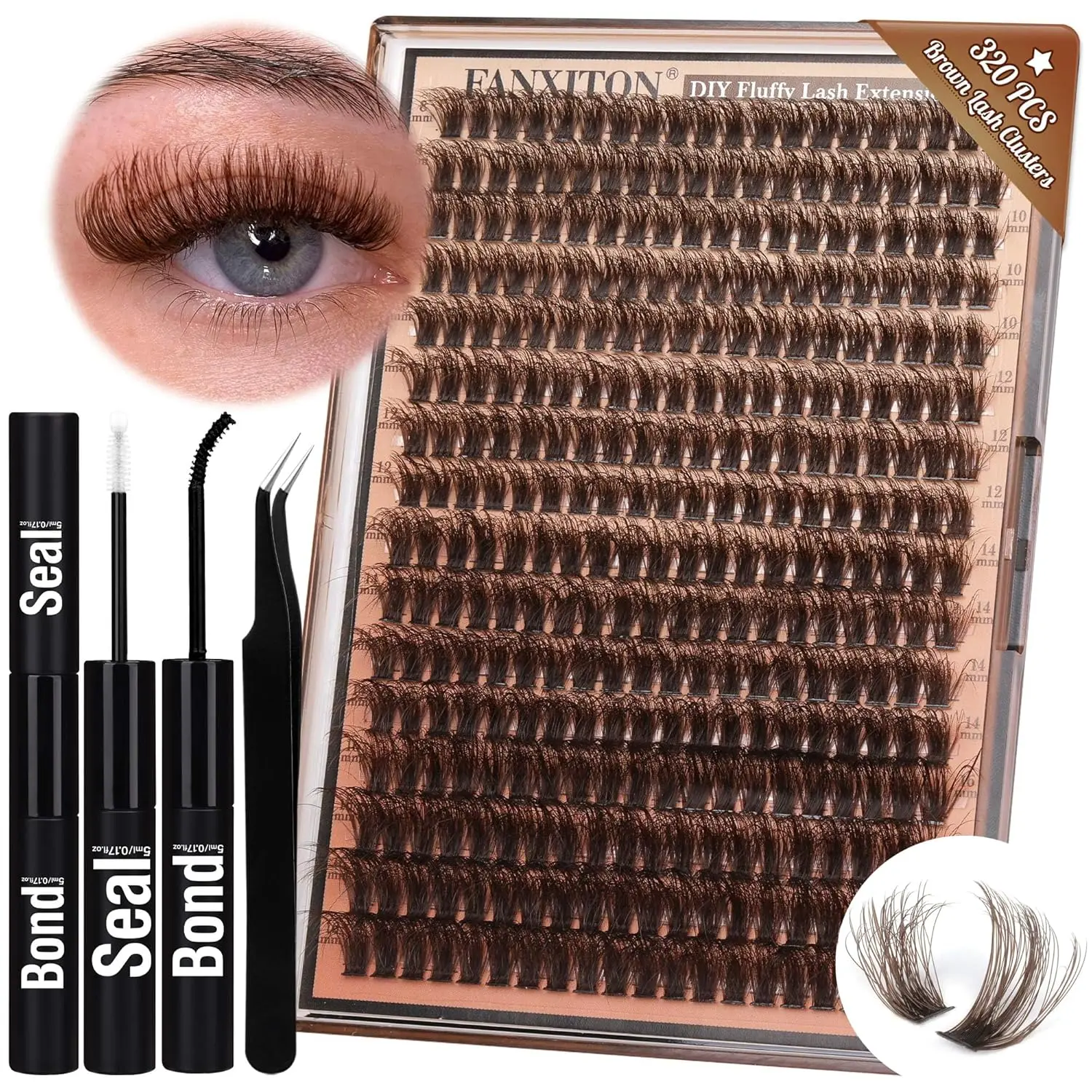 Brown Lash Clusters 320 Pcs Lash Extension Kit Fluffy DIY Eyelash Extensions Kit Natural Look Cluster Lashes D Curl 8-16 MM Mixed Lash Bond and Seal Lash Tweezers for Lash Clusters Kit DIY at Home