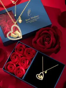 Women's Elegant Rhinestone Decor Hollow Out Heart Pendant Necklace, with Feet Decor, Exquisite Trendy Pendant Necklace, Chic Jewelry As Gift for Girlfriend & Mother, Love Heart Necklace