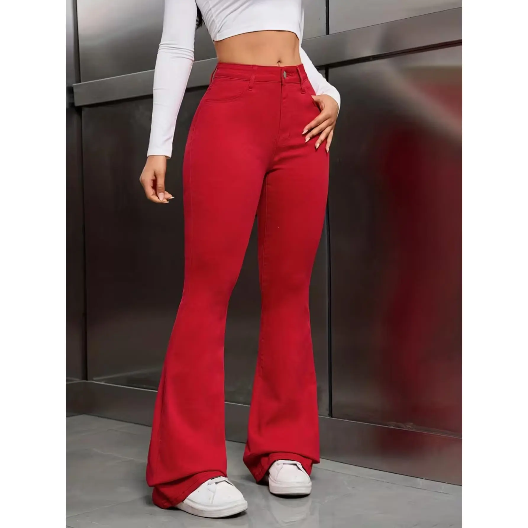 Red Vintage Flare Jeans for Women, High-Waisted Full Length Denim Pants in a Stretch Cotton Viscose Blend, Machine Washable, Lady, Plain, Casual Wear, Wide Legs, Long Trousers, Normal Type, Do Not Dry Clean, Trouser, Bottom, Elastane