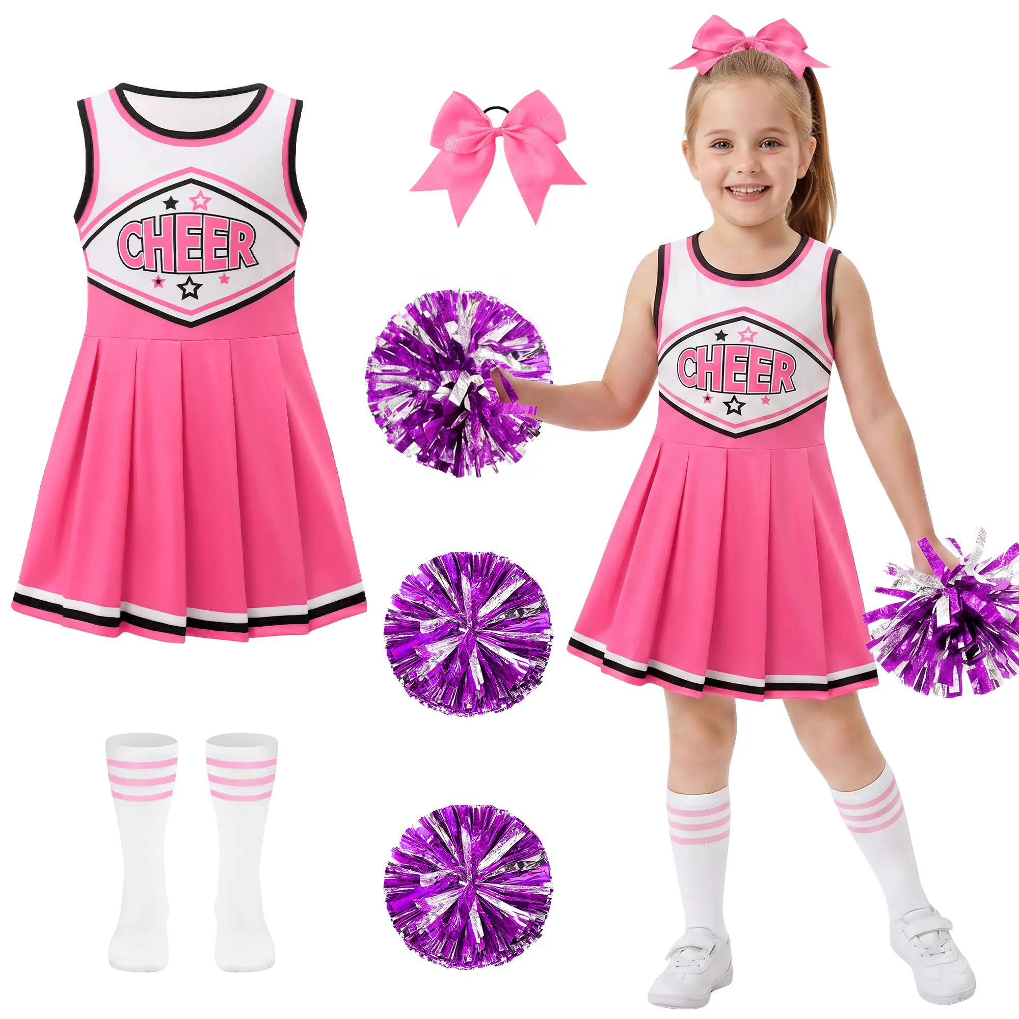 Girls Cheerleader Costume 4Pcs Complete Set, Kids Cheer Uniform Outfit with Pom Pom Bow Socks, Halloween Birthday Party Cheer Competition Wear Dress Up Set