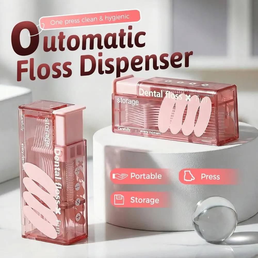 Oral Floss Pick Dispenser Set - Dental Floss Picks Pack, Refillable Travel-Ready Kit, Oral Care Supplies, 2pcs Pink Floss+Holder, Portable Home Organizer Storage Container for Adults (Supports Consistent Flossing)
