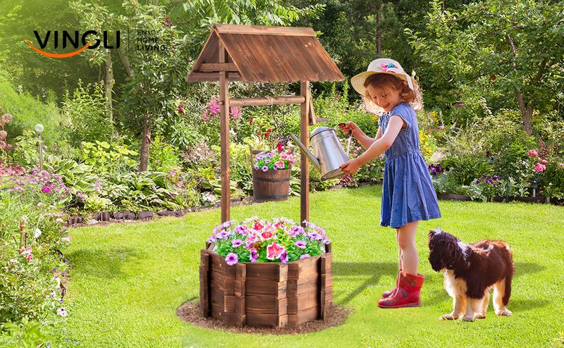 VINGLI Wooden Wishing Well Outdoor Planters, Well Covers for Yard with 2/4 Reinforced Rods, Height Adjustable Hanging Bucket, Rustic Flower Pot Home Decor for Outside Patio Garden