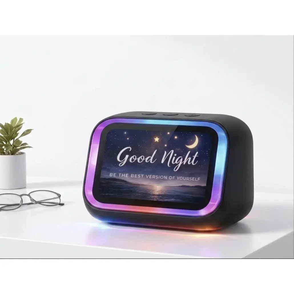 Smart Speaker & Ambient Alarm Clock with HD Display, RGB Lighting, Bluetooth 5.2, AI Voice Assistant, and Custom Photo Albums