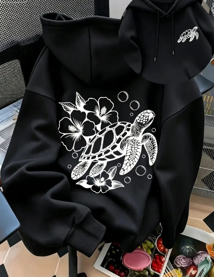Dual‑Print Sea Turtle Hibiscus Flower Fleece Hoodie, Ocean Tropical Pullover Hoodie, Daily Holiday Gift