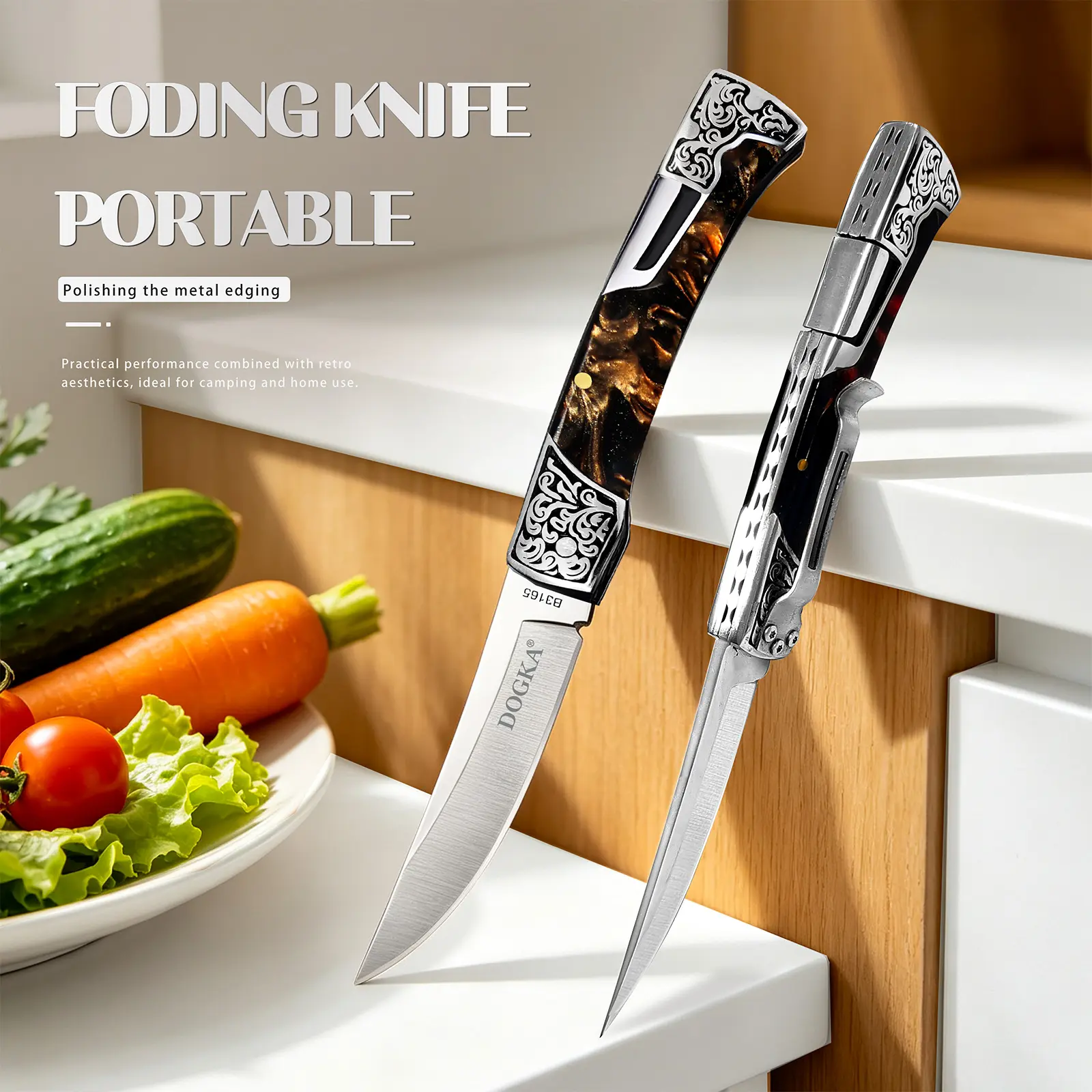 Fixed Blade Multi-functional EDC Pocket Cutting Tool with Carved Black Resin Handle, Sharp Curved Stainless Steel Blade, Ergonomic Resin Grip, Multipurpose Camping  Hunting Knife