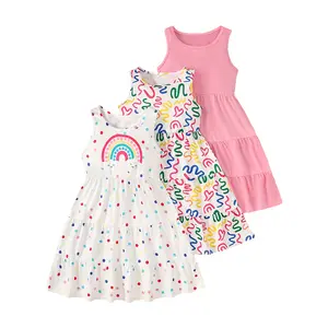 3-Pack Summer Girls Sleeveless Dress Holiday Gift Party Children's Casual Stylish Hot-Selling Little Girls Fashionable Versatile Casual Dress with Rainbow & Polka Dot Patterns