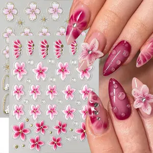 Flower Nail Stickers 5D Summer Nail Decals 4PCS Self-Adhesive Embossed Jelly Flower Sticker Purple Pink Floral Gold Circle Blossom Design Gel Nail Stickers Cute Nail Art Supplies for Women Decorations