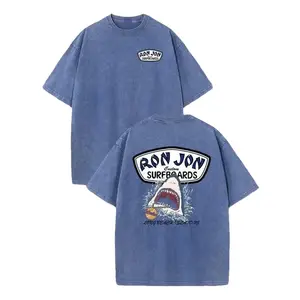 Shark Surfing Pattern Men's Summer Crew Neck Short Sleeve T-Shirt, Unisex, 230G Washed Cotton, High-Quality Double-Sided Print, Comfortable Fashion Retro Street Style, Ideal for Outdoor Sports, Beach Travel & Leisure, Perfect Gift