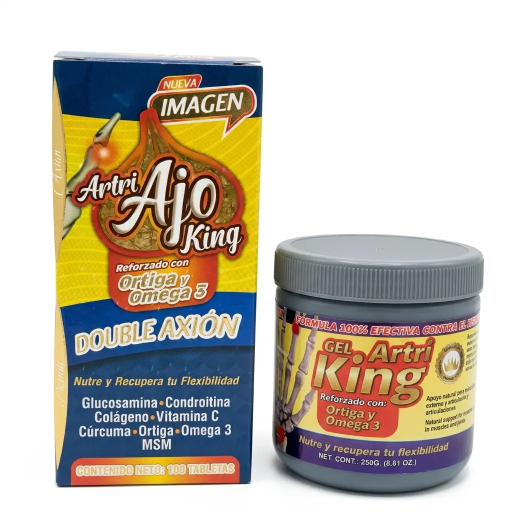 Daily Pack Supplement COMBO ESPECIAL Artri Ajo King 100 Tabs + Gel Artri King 250 gramos de Mexico, MERCALATINO Two-Piece Set, Dietary Supplement Tablets and Body Gel, 100 Count and 250 g