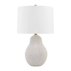 Crater Table Lamp - Ceramic White Gold Base with White Linen Shade, Inspired by Jackfruit Design