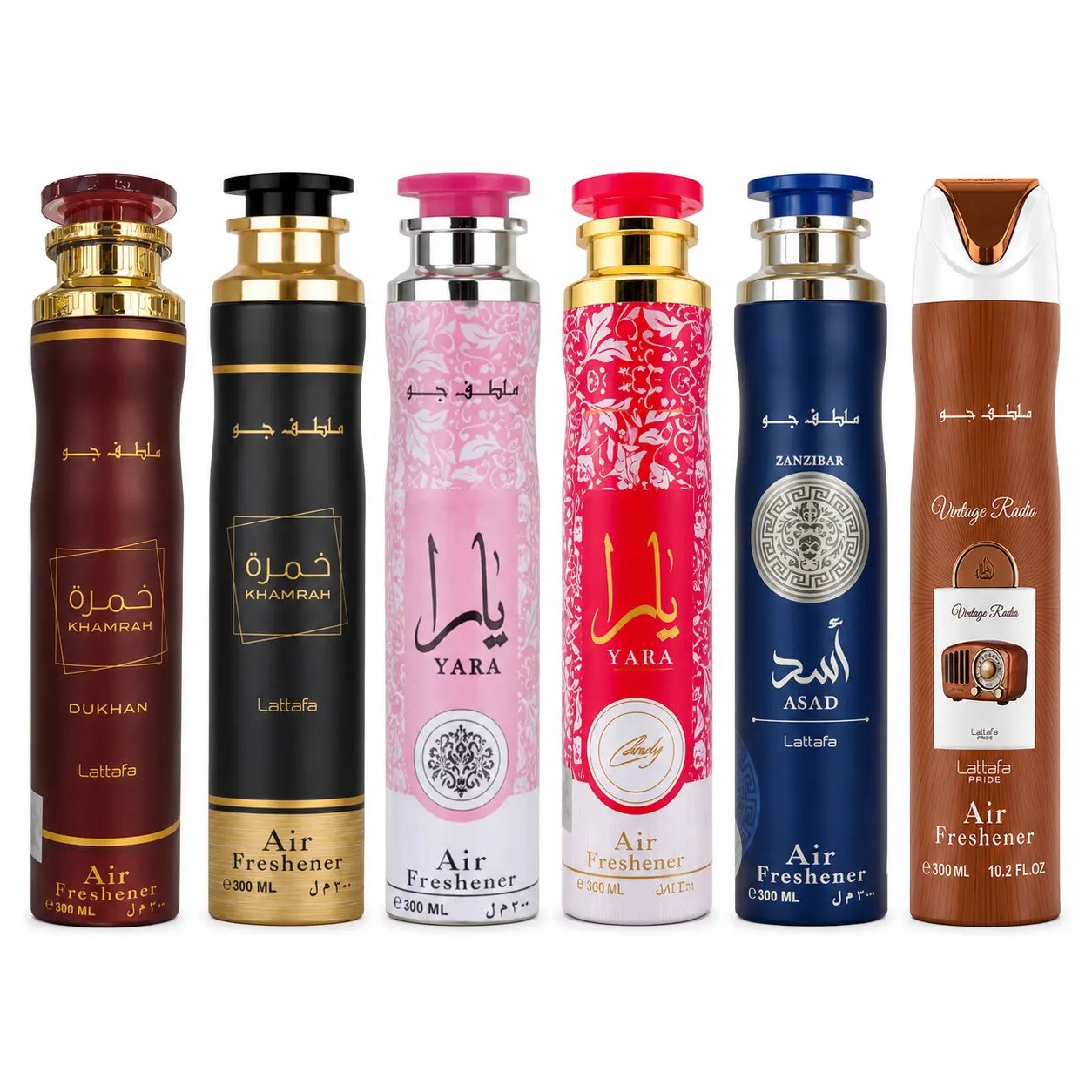 Khamrah Dukhan Air Freshener + Khamrah Air Freshener + Yara Air Freshener + Yara Candy Freshener + Asad Zanzibar Air Freshener + Vintage Radio Air Freshener
