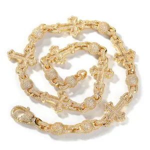 New Full Diamond Light 5A Personality Hip-Hop Cross Bead Necklace for Men - Gold/Silver Electroplated, 16-24 Inches, Geometric Design, Durable & Versatile