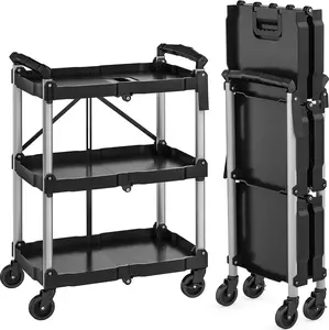 OEDRO 240LBS Folding Utility Cart with Wheels, Foldable Utility Service Cart 3 Tier Collapsible Rolling Cart with 360°Swivel Wheels (2 with Brakes), Portable Cart for Home Garage Restaurant Office