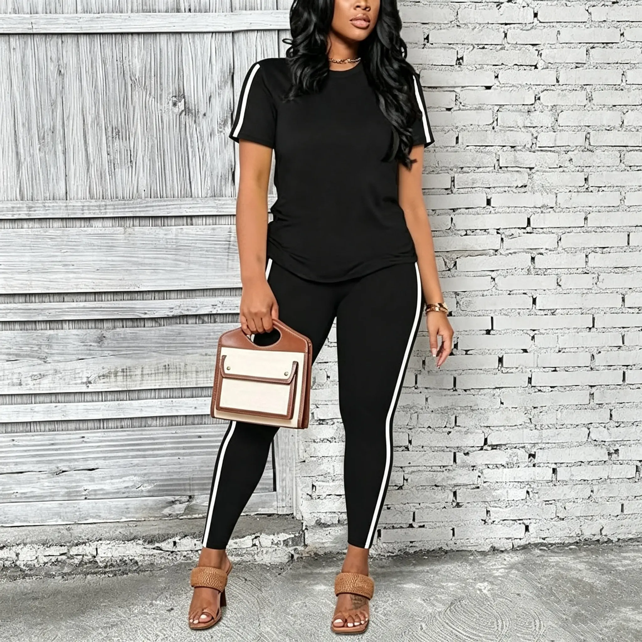 Women's 2-Piece Striped Sweatsuit - Short Sleeve Top, Long Sweatpants, Polyester Fabric Women's Clothes Matching Set for Summer Workout, Casual Jogging, Lounge