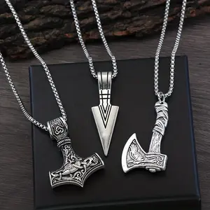 3 Pieces Viking Necklaces for Men - Viking Hammer Norse Compass Celtic Knot Wolf Ax Pendant Nordic Amulet Pendant Necklace Holiday Jewelry Gift