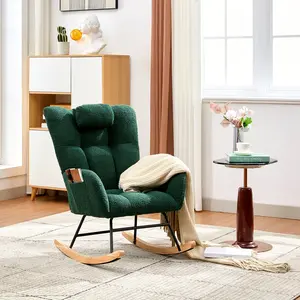 High Backrest Soft Upholstered Rocking Chair – Modern Glider Rocker with Headrest, Side Pocket, and Padded Seat – Comfortable Accent Chair for Living Room, Bedroom, Office – Brown