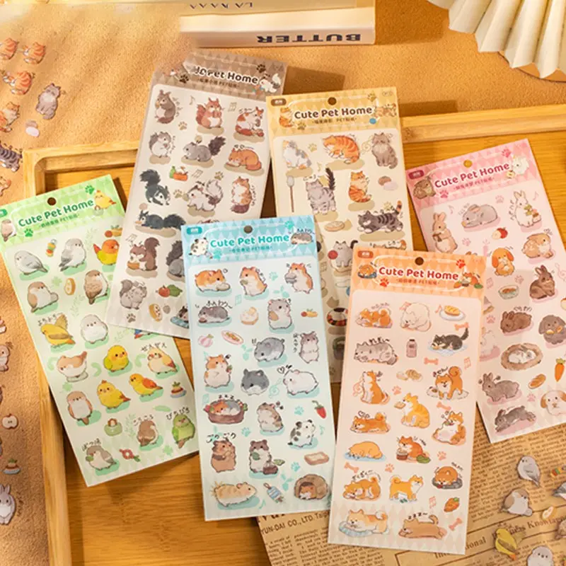 Cute Animal Theme Pet Art Stickers Pack, 6 Pieces, Adorable Pet Home Decor, Perfect for Diary Journals & Water Bottle Decoration