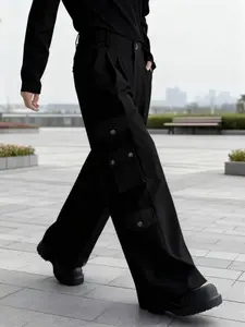 Men's Casual Wide Leg Pants, Side Multi-Layer Metal Buckle Pockets, Loose-Fitting Street Style, All Seasons Fashion