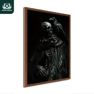 Skeleton & Crow Element Wooden Painting Decor, Halloween Wood Poster Wall Art Decoration for Home Farmhouse Living Room Office Studio Cafe Coffee Shop Bar Club, Ornaments