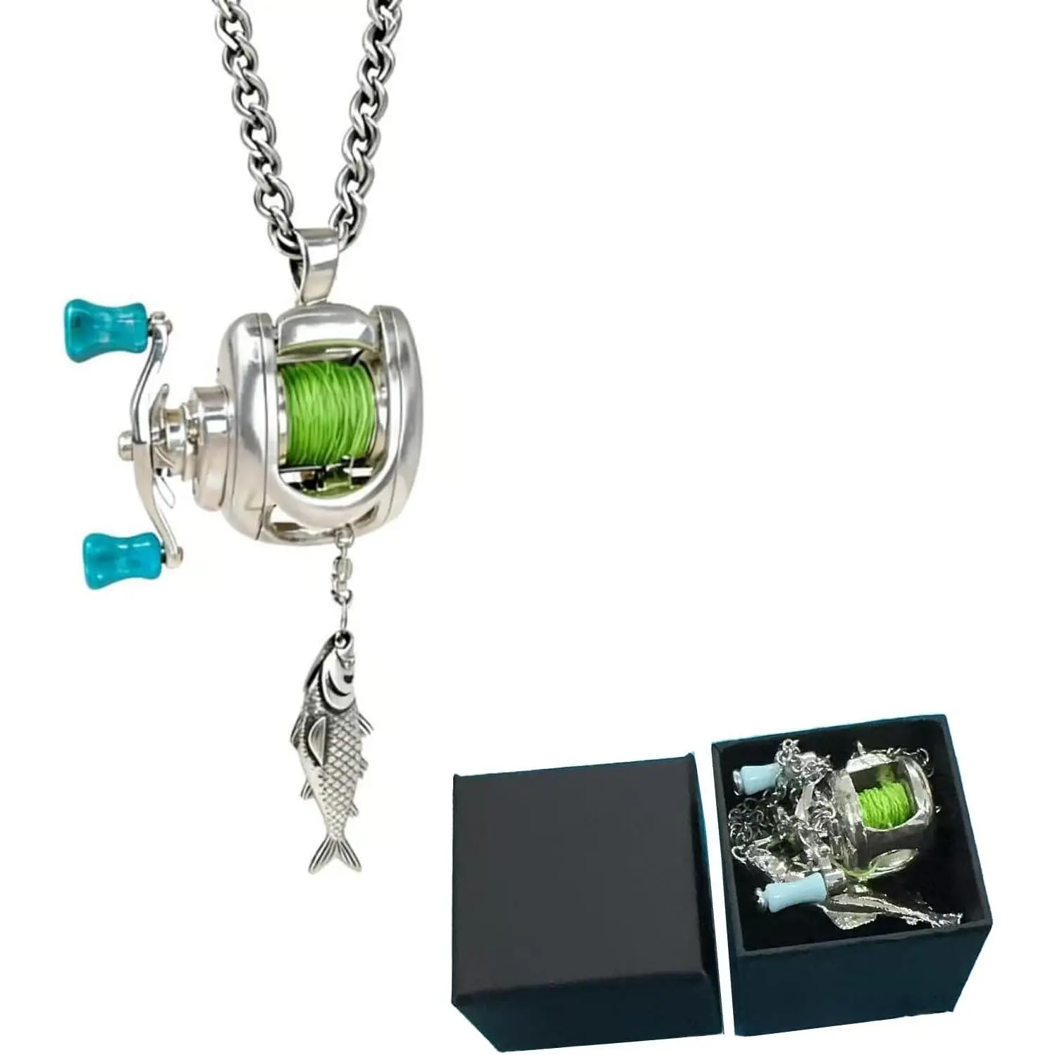 Silver Unisex 4*4*3cm Miniature 1-Piece Fishing Reel Jewelry Set - Casual Female Fish Pendant Necklace, Fidget Item, Festive Gift for Fishermen (College Graduation Gift Inclusive)