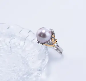 ANGEPERLE S925 Sterling Silver Freshwater Pearl Cablily Ring 11-12mm TSSLF244