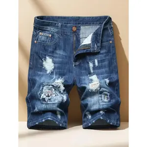 ELI Men's Denim Shorts Summer Ripped Random Patches Mid-length Pants Slim Street Straight Wear Pants Jorts Soft High Quality Basic