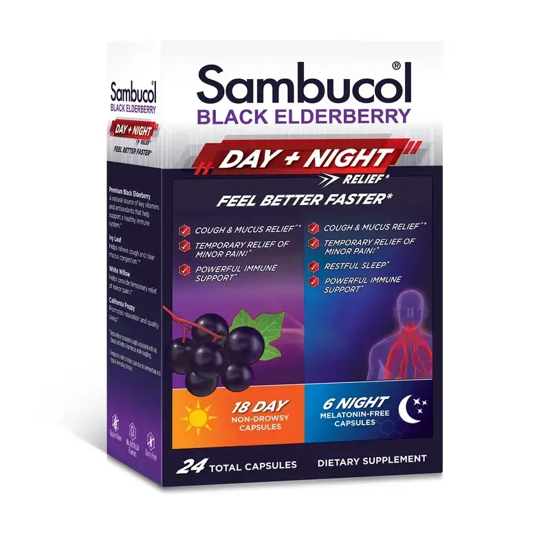 Sambucol Black Elderberry Day & Night Relief Capsules 24ct - Ivy Leaf, White Willow, and California Poppy for relief. Non GMO, Gluten Free, Dairy Free.