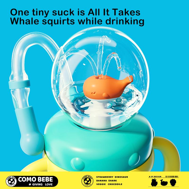 【COMOBEBE】10oz Spill-Proof Tritan Rocket Ship & Whale Fountain Sippy Cup – BPA-Free, Soft Straw, Fun Spray Design, Dishwasher Safe, Perfect for Kids