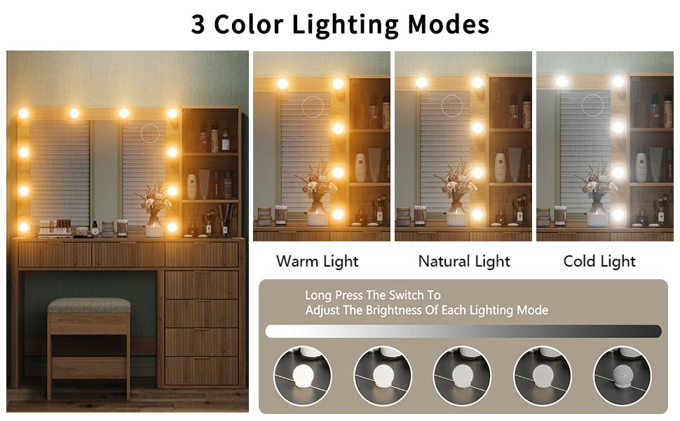 FUSOU 47'' W Fluted Vanity Desk [Shipping By 2 Packages] Makeup Vanity with Power Oultlet, 7 Drawers Vanity with 10 LED Lights and Mirror, 3 Lighting Modes Adjustable, Glass Top, Vanity with Chair for Bedroom, Natural