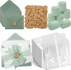 50 Set Wedding Invitation Wrap Set Pre Folded Vellum Jacket for 5x7 Invitations with Sage Green Envelope Gold Wax Seal Stickers Wedding Invitation Accessories Kit for Bridal Invite DIY Craft