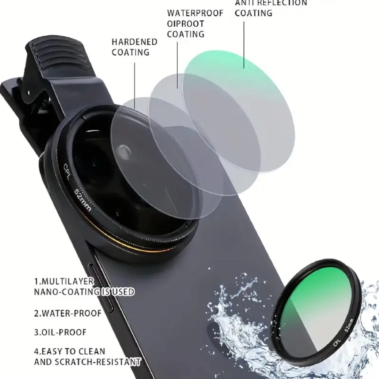 52mm Clip-on CPL Phone Camera Lens Filter Kit, Mobile Phone Lens, Smartphone Lens Attachment, Waterproof, Oilproof, Circular Polarizer Polarizing Filter Compatible with iPhone, Cellphone, Smartphone Accessories multifunctional