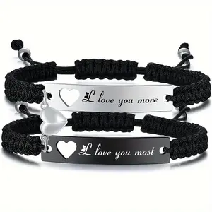 1 Pair Heart Matching Couples Bracelets - Adjustable Braided I Love My Boyfriend Girlfriend Long Distance Bracelets, Lovers His Hers Relationship Promise Bracelet Jewelry Anniversary Christmas Birthday Gifts