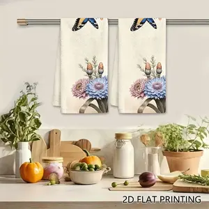 2PC  Beautiful Blue Butterfly and Spring Flowers Swedish Dishcloth, Floral Nature Reusable Absorbent Cellulose Sponge Wipe, Kitchen Cleaning Cloth