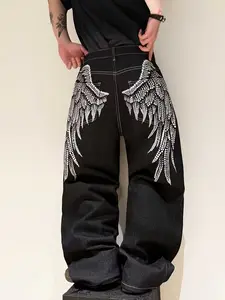 UPTHE Men's Wide-Leg Jeans - Y2K Street Style Casual Loose Baggy Jeans with Angel Wing Prints, Perfect for Pairing with T-Shirts