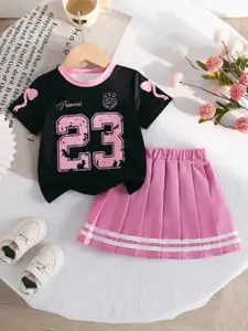 Girls Summer Set &, Short Sleeve Digital Print T-Shirt + Pleated Skirt, Contrast Color Collar, Striped Hem, Sweet, Girly & Cool Style, Fine Girls Outfit, Summer Clothes Set