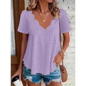 Plus Size Eyelet Scallop Trim V Neck T-Shirt, Casual Short Sleeve Top For Spring & Summer, Women's Plus Size Clothing Womenswear Tshirt