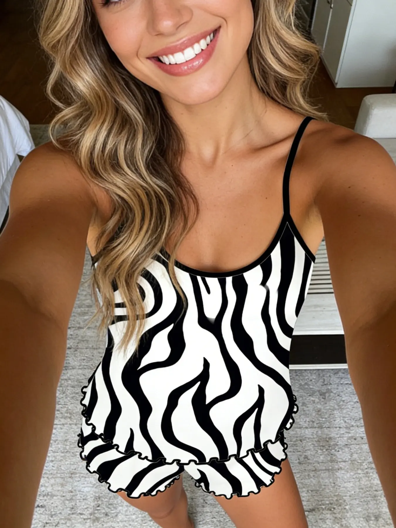 Women's Sleeveless Spaghetti Strap Pyjama Set, Pajamas, Pjs, Zebra Print Sleepwear, Slim-Fitting Homewear Loungewear, Top, All Season Comfortable