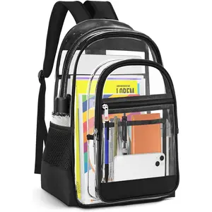 Clear Backpack, Heavy Duty PVC Transparent Backpack with Reinforced Straps, See Through Multiple Pockets Large Capacity Bookbag for Concert Work Security Travel Festival (Black)